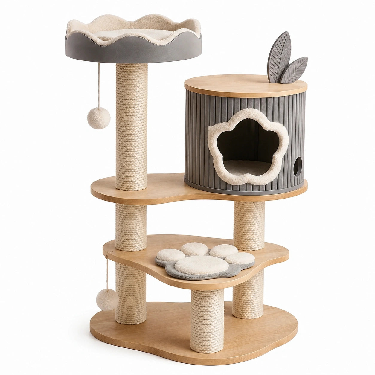 Árbol para gatos de madera y cuerda gris y beige