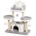 Árbol para gatos con plataformas de felpa gris y blanco