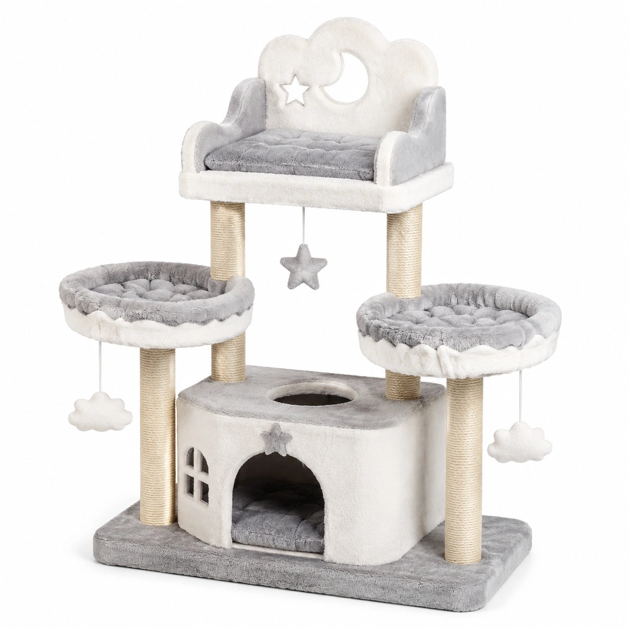 Árbol para gatos con plataformas de felpa gris y blanco