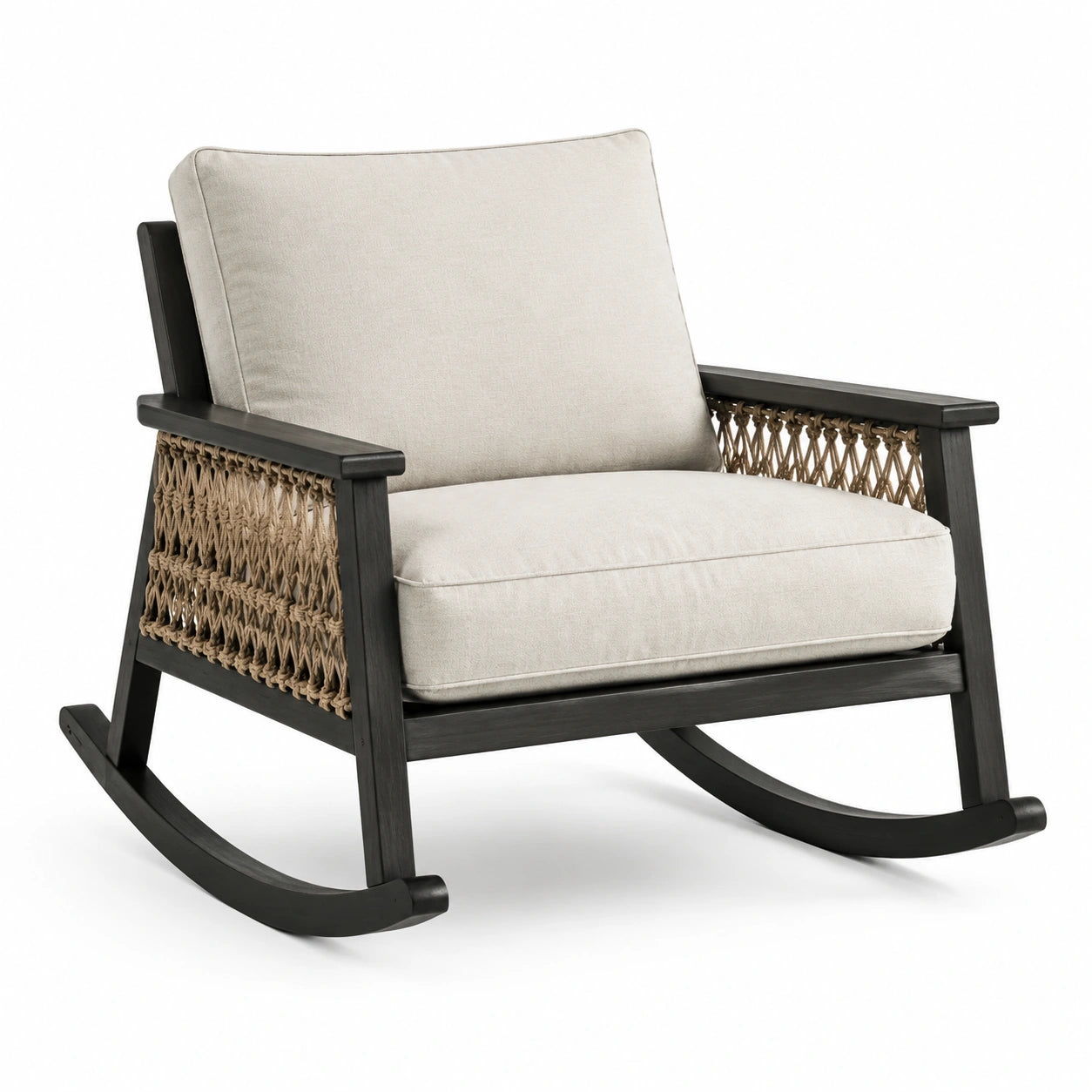 Mecedora de madera de acacia con cojines de poliéster beige