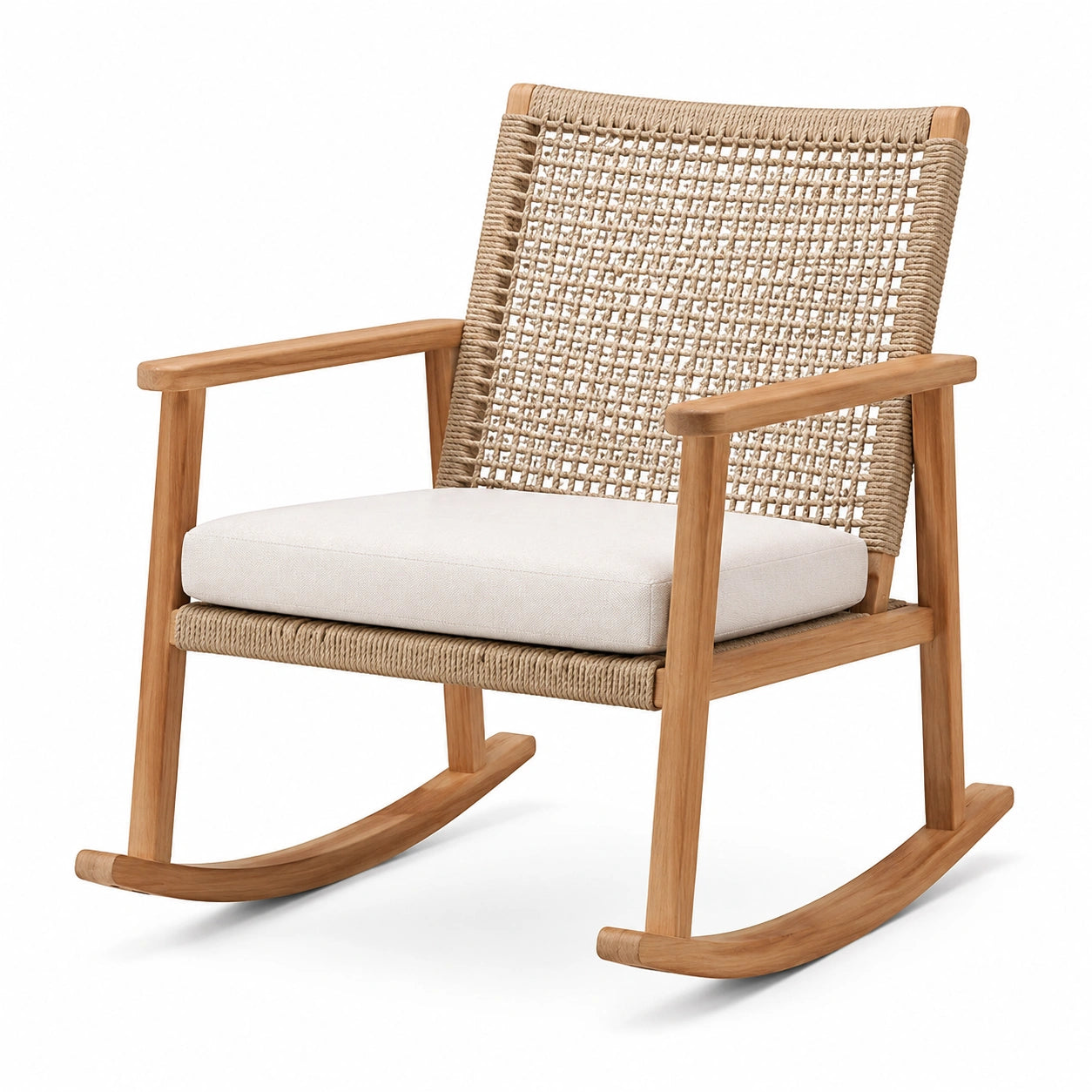 Mecedora de madera con respaldo de cuerda y asiento beige