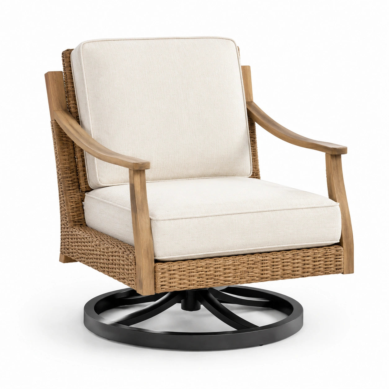Silla giratoria de ratán sintético con base metálica y cojines de poliéster beige