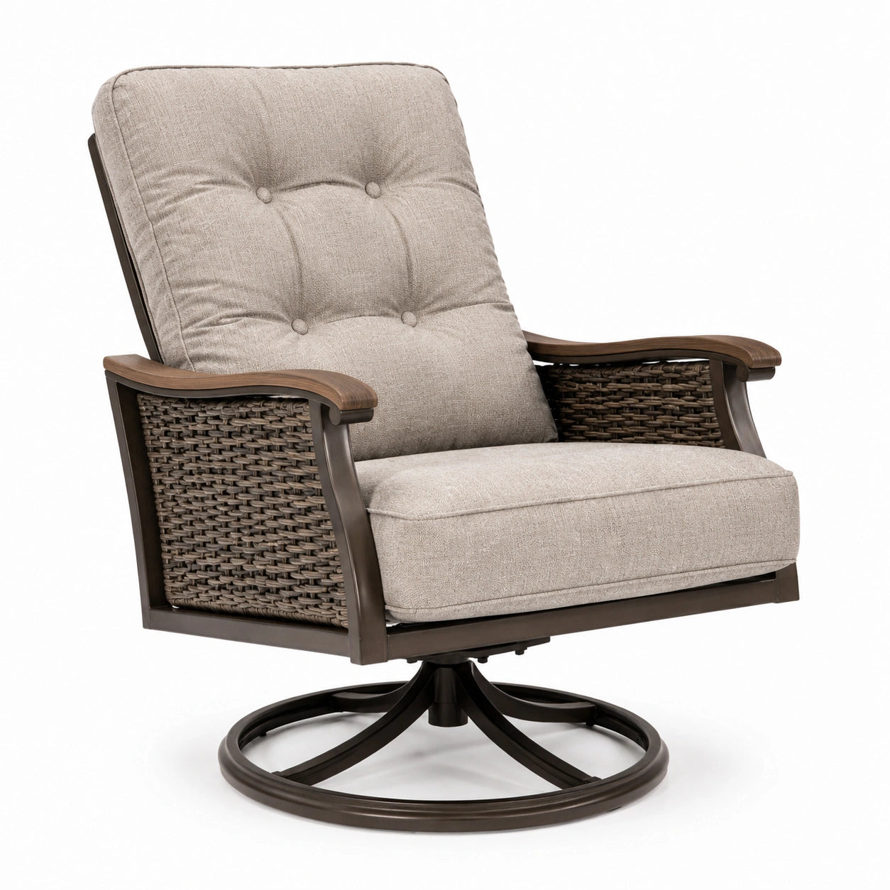 Silla giratoria de aluminio y ratán sintético con cojines beige