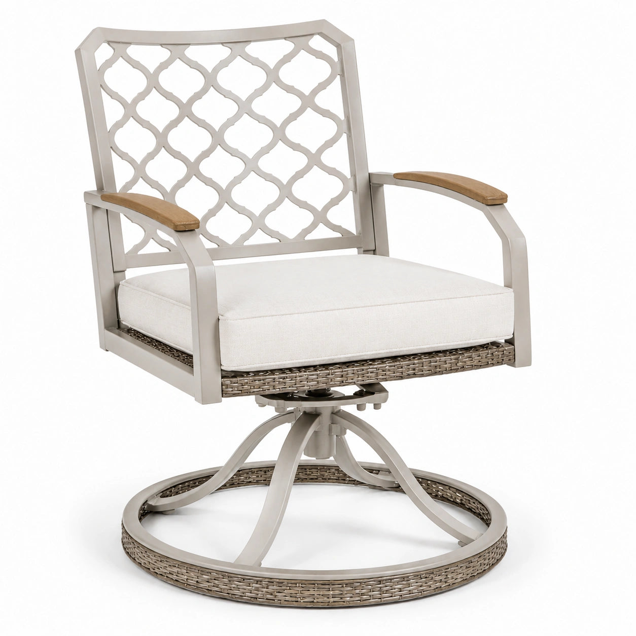 Silla giratoria de aluminio con cojín blanco y detalles de ratán