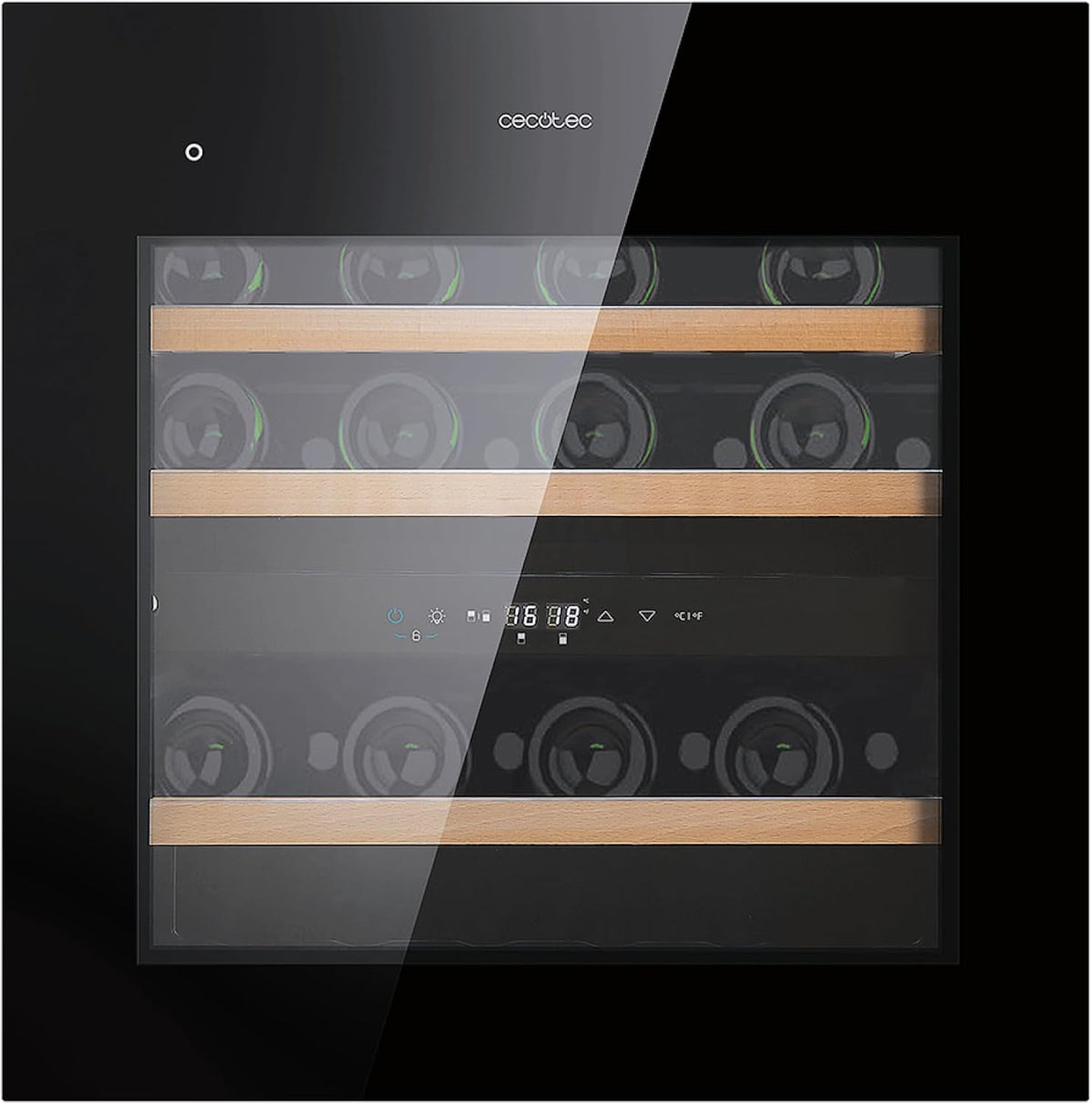 Cecotec vinoteca, 60 × 60 cm, con iluminación LED, con estantes, madera, vidrio, negro
