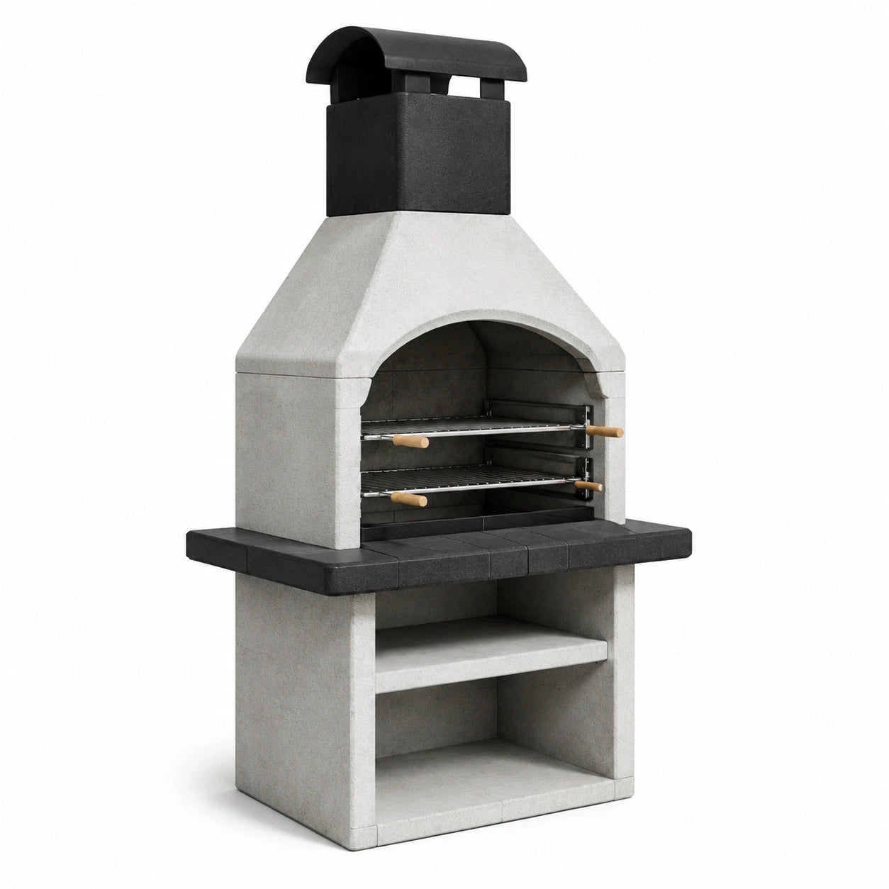 Barbacoa de hormigón y ladrillo refractario gris con chimenea y parrilla de acero ajustable
