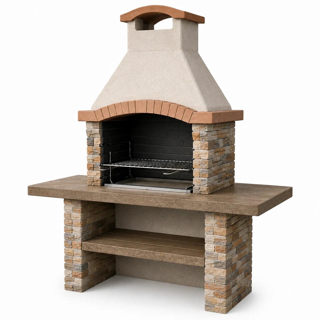 Barbacoa de piedra y hormigón gris y marrón con campana