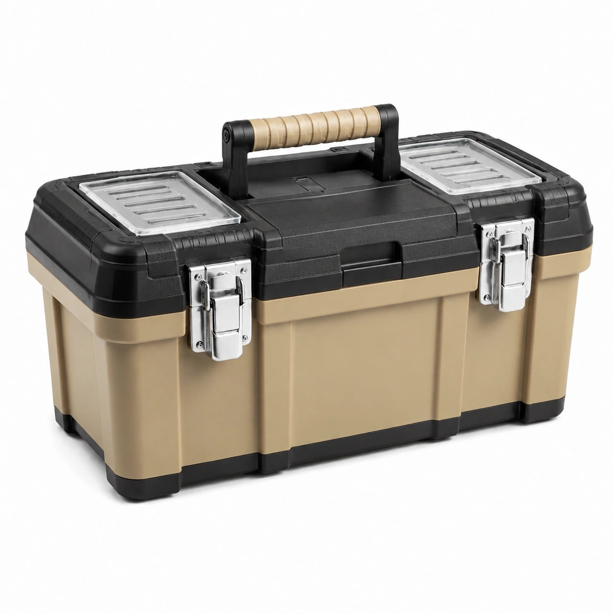 Caja de herramientas de plástico beige y negro con cierres metálicos