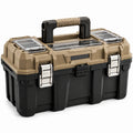 Caja de herramientas de plástico negro y beige con bandejas organizadoras