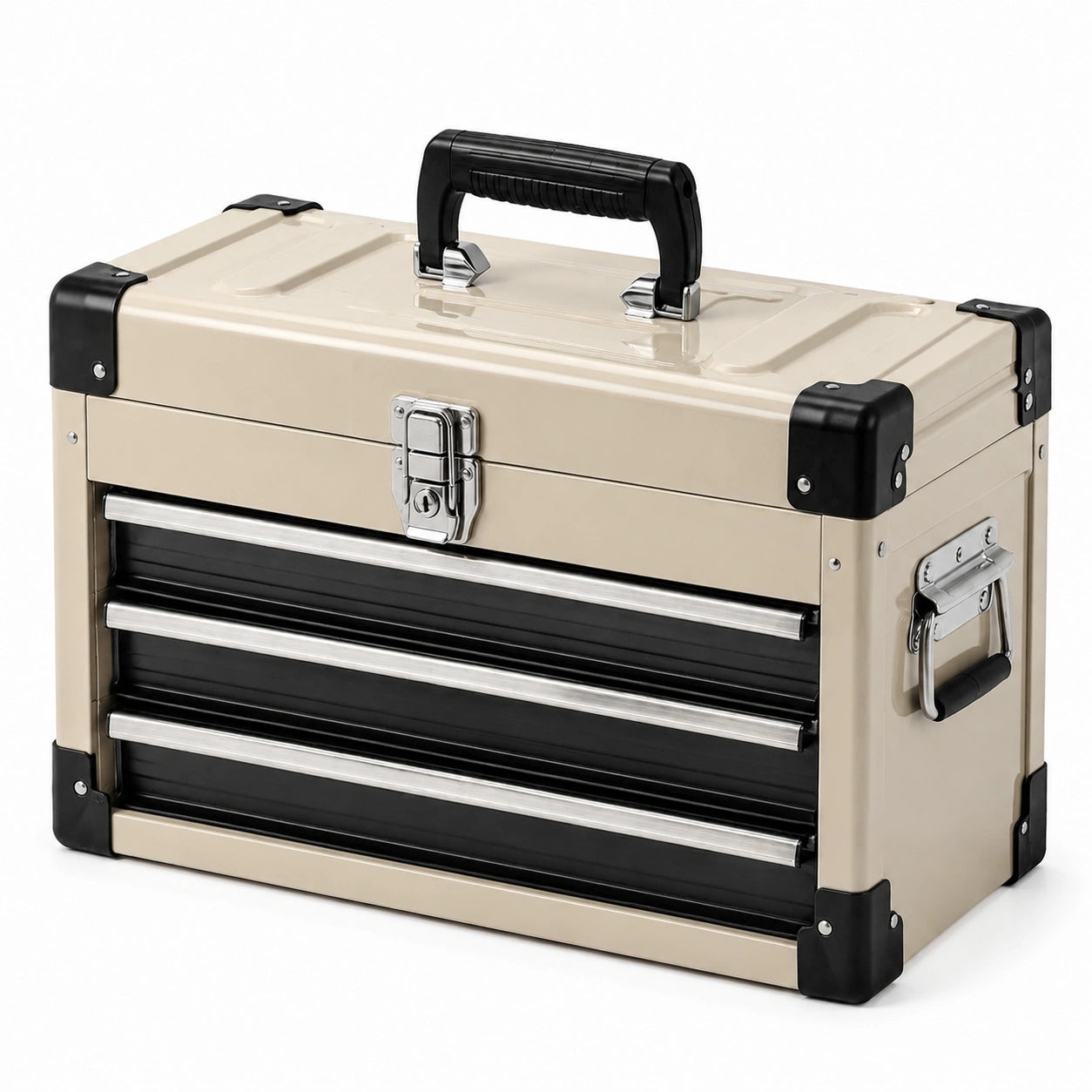 Caja de herramientas de metal con 3 cajones beige y negro