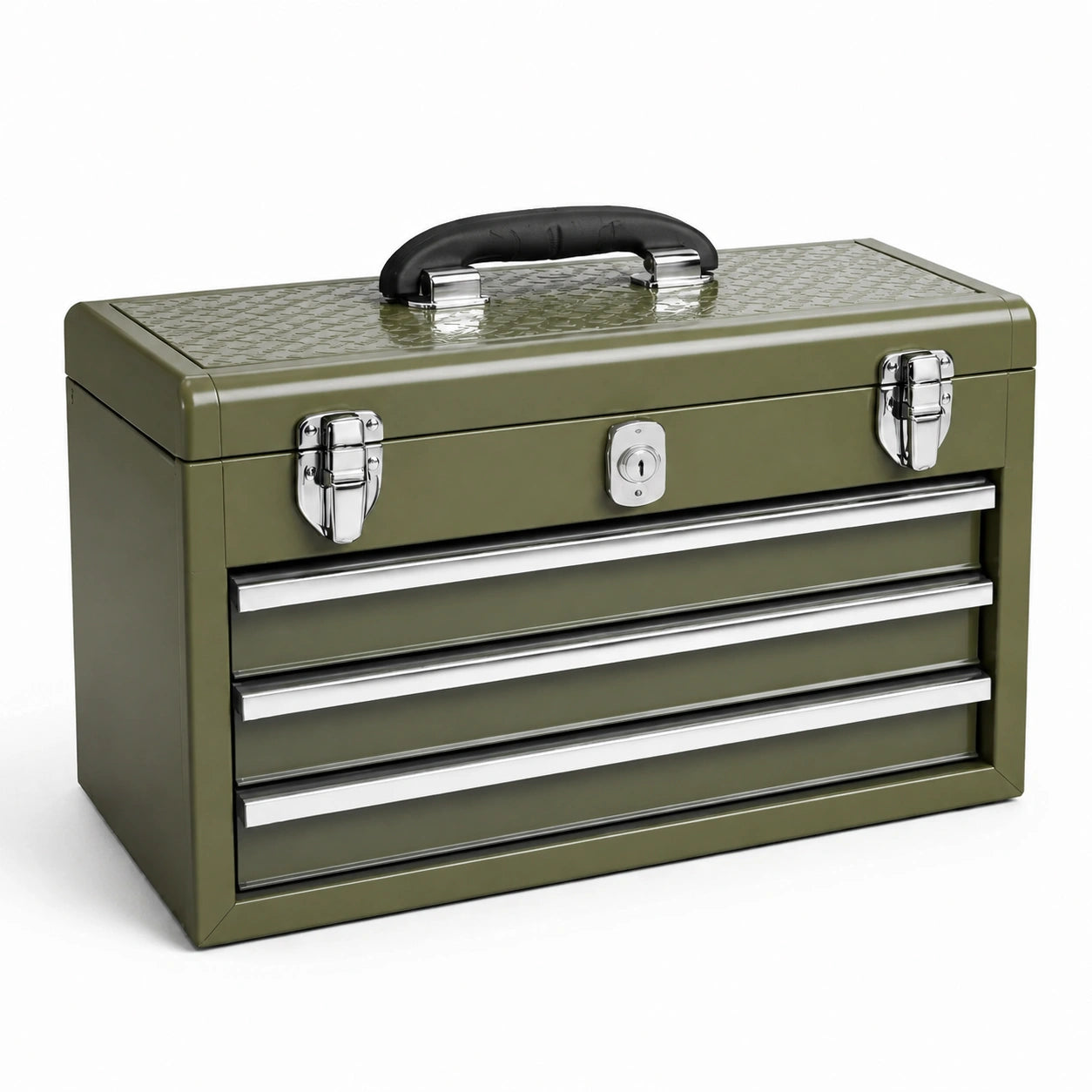 Caja de herramientas de acero verde con cerradura y tres cajones 52x22x30cm