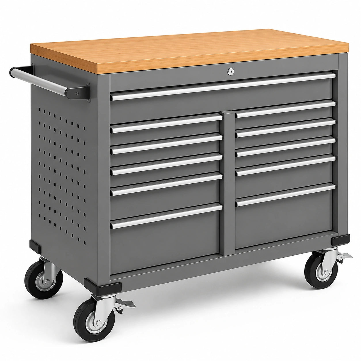 Carro de herramientas de metal gris con superficie de madera