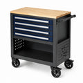 Carro de herramientas de acero negro con encimera de madera y 4 cajones