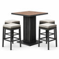 Conjunto de bar de acero y madera con 4 taburetes de cojines de poliéster beige