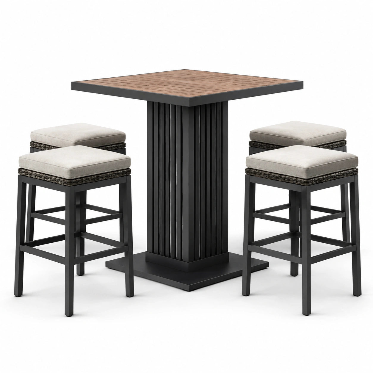 Conjunto de bar de acero y madera con 4 taburetes de cojines de poliéster beige