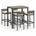 Conjunto de bar de exterior de metal y madera con 4 taburetes y cojines crema