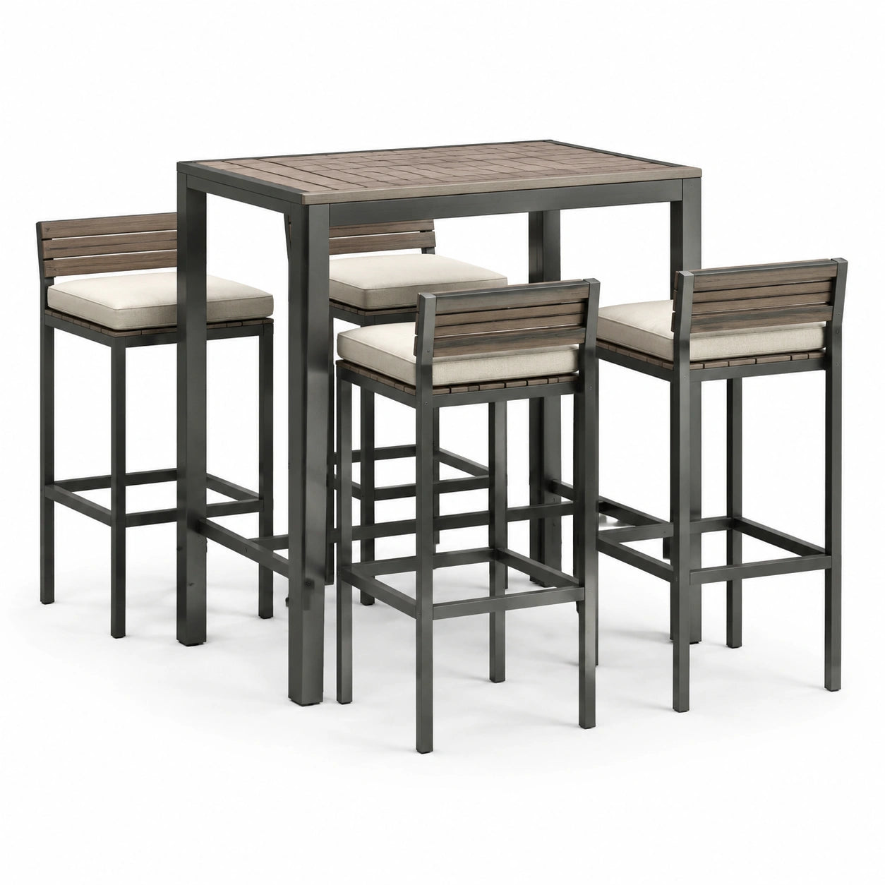 Conjunto de bar de exterior de metal y madera con 4 taburetes y cojines crema