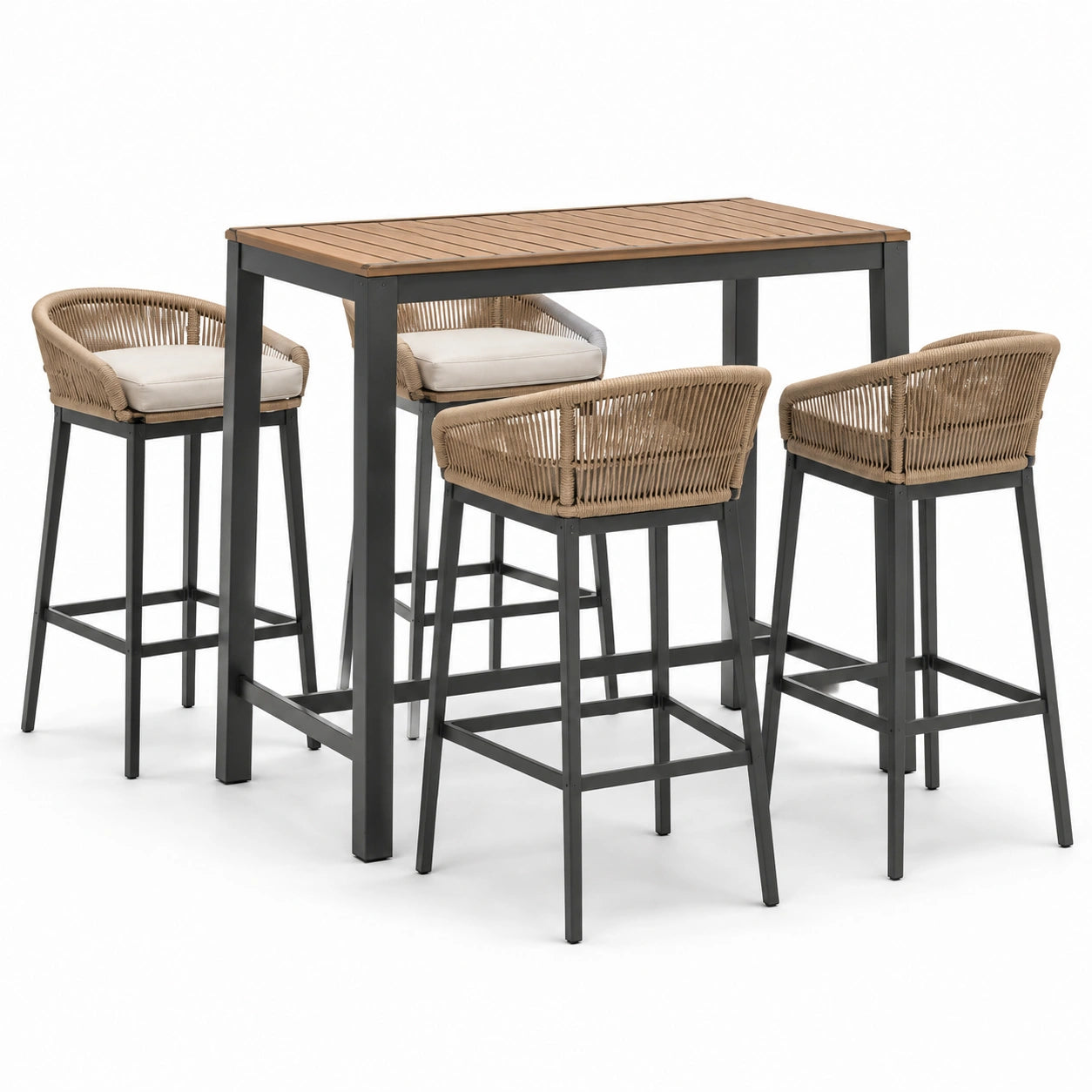 Conjunto de bar de metal y madera de acacia con taburetes de cuerda