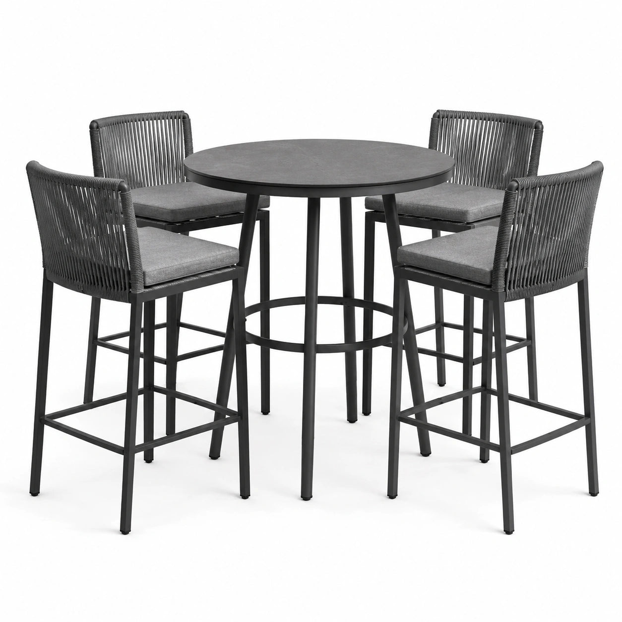 Conjunto de bar con mesa de aluminio y 4 sillas de cuerda gris