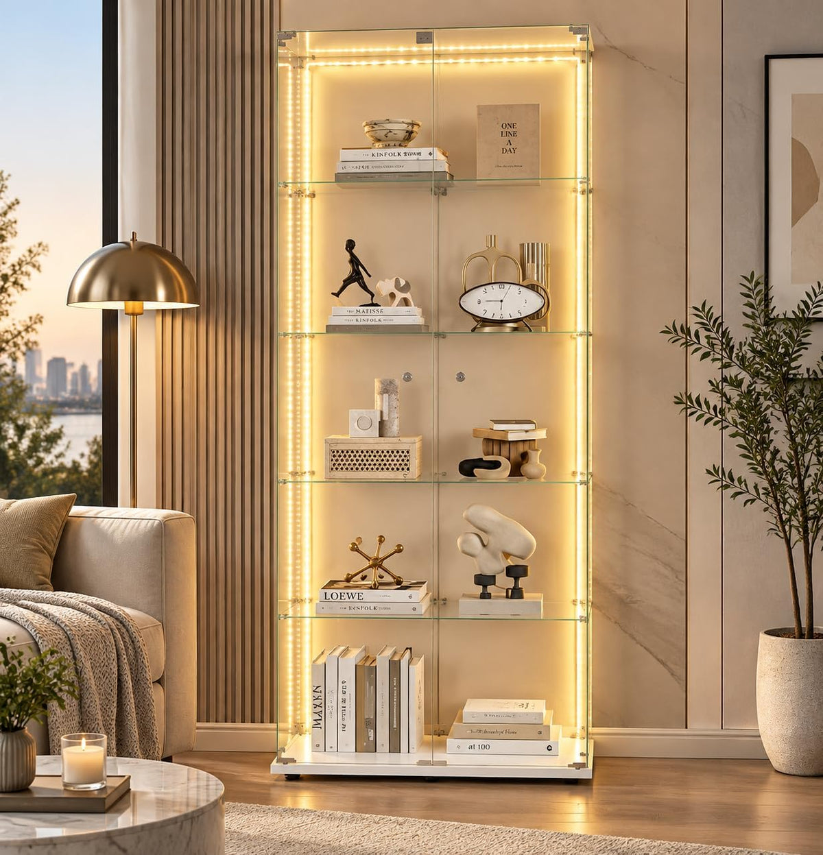 Armario 78.5x34.5x186.5cm, con iluminación LED, con estantes, vidrio, CXHLXYR