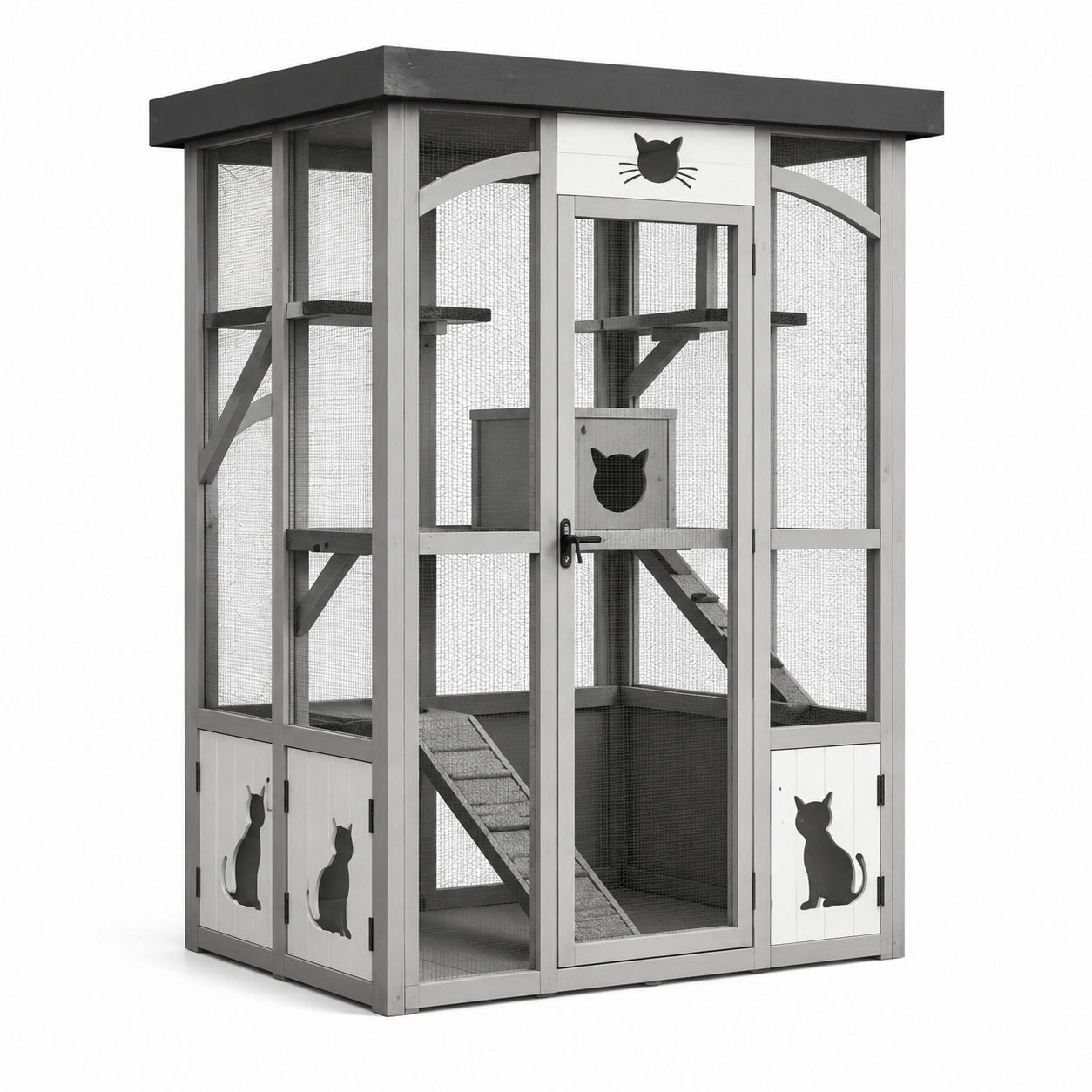Jaula de Exterior para Gatos con Estructura de Madera y Metal Gris