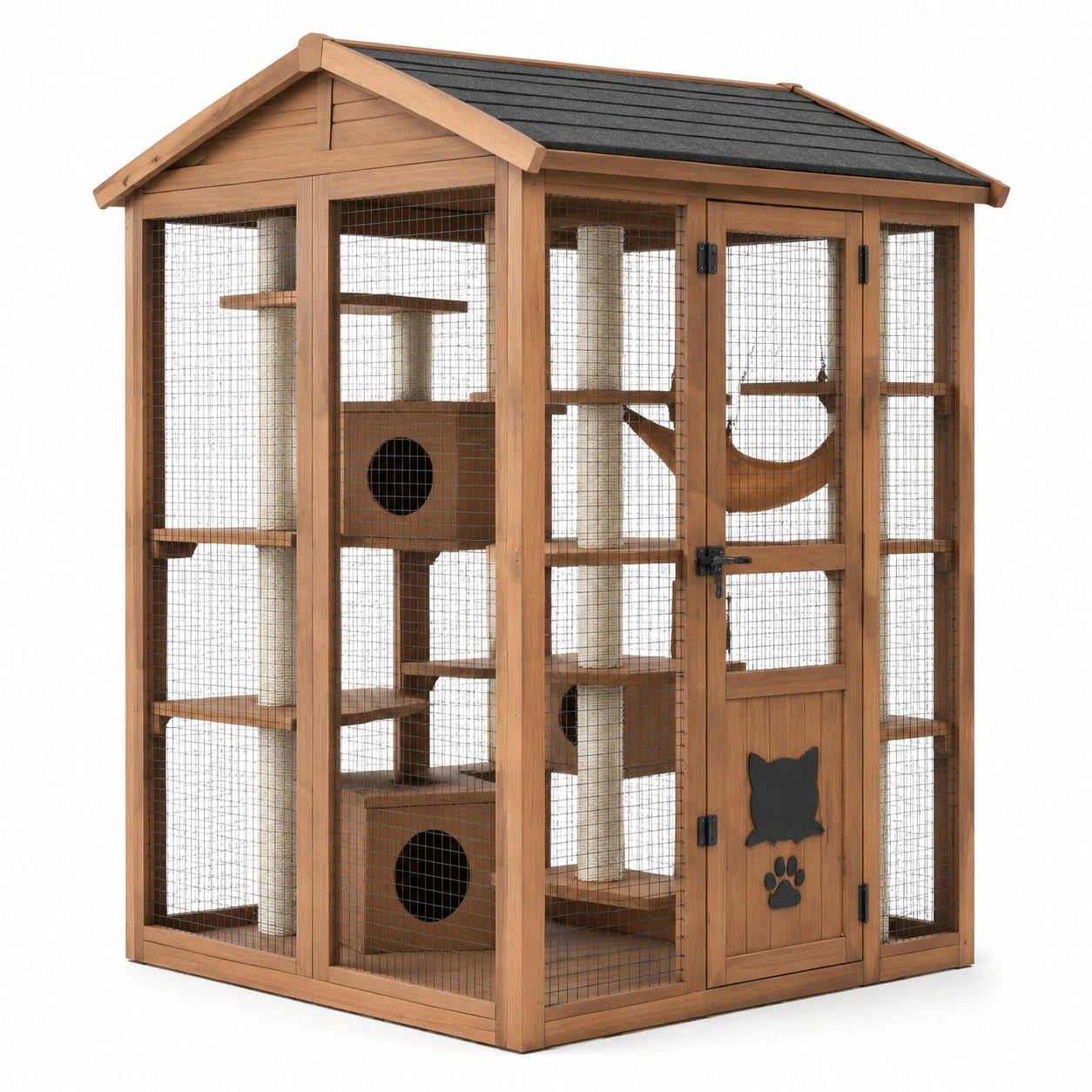 Caseta de madera y metal para gatos con rascadores y plataformas