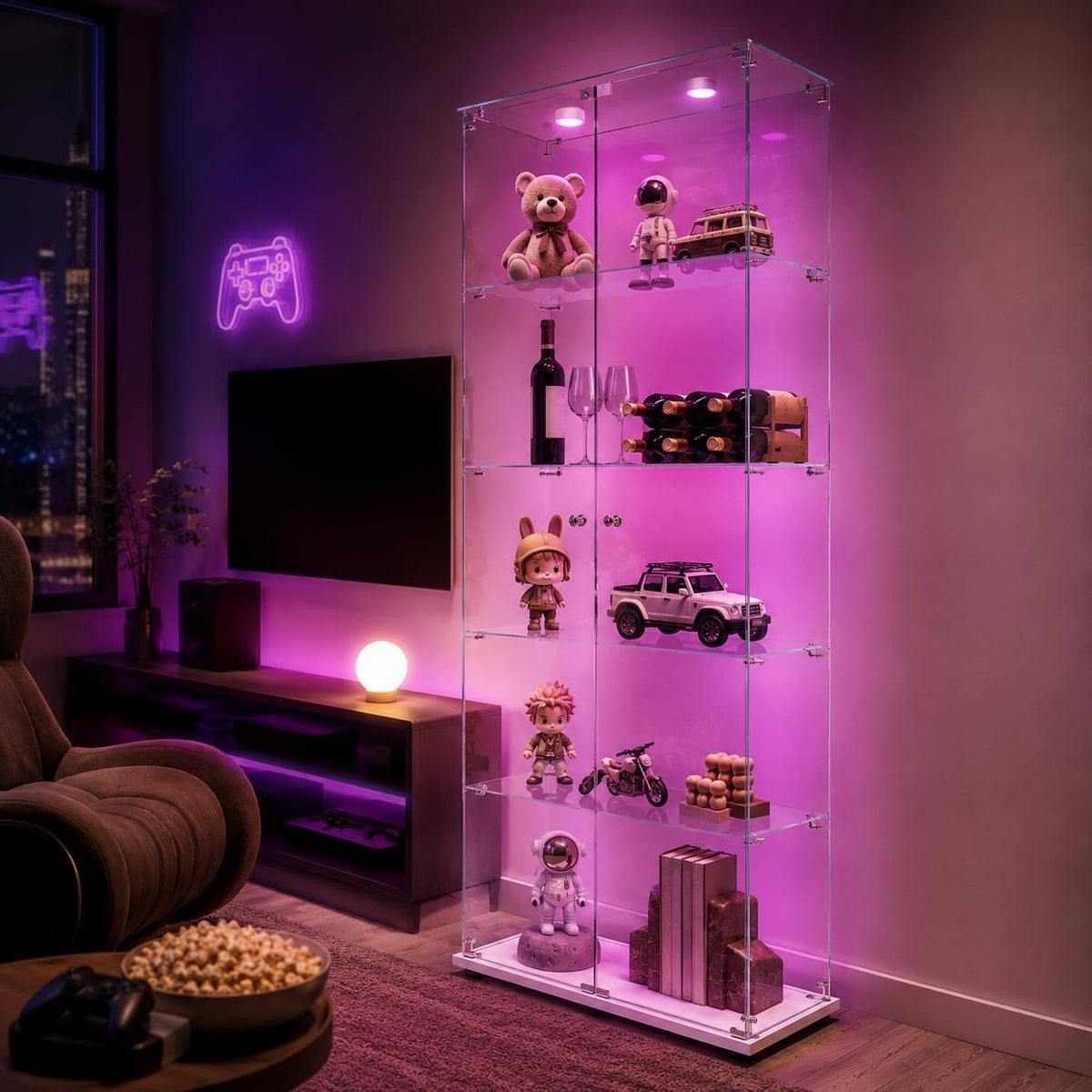 Armario LED-2, con iluminación LED, con estantes, vidrio, blanco, para el salón, BLSYHDH