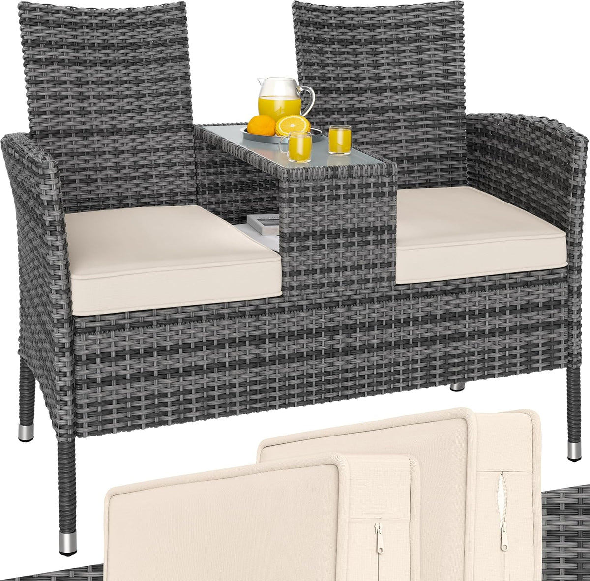 Mesa de jardín, 145 × 58 cm, 320 kg, con estantes, vidrio, gris, para la terraza, CASARIA