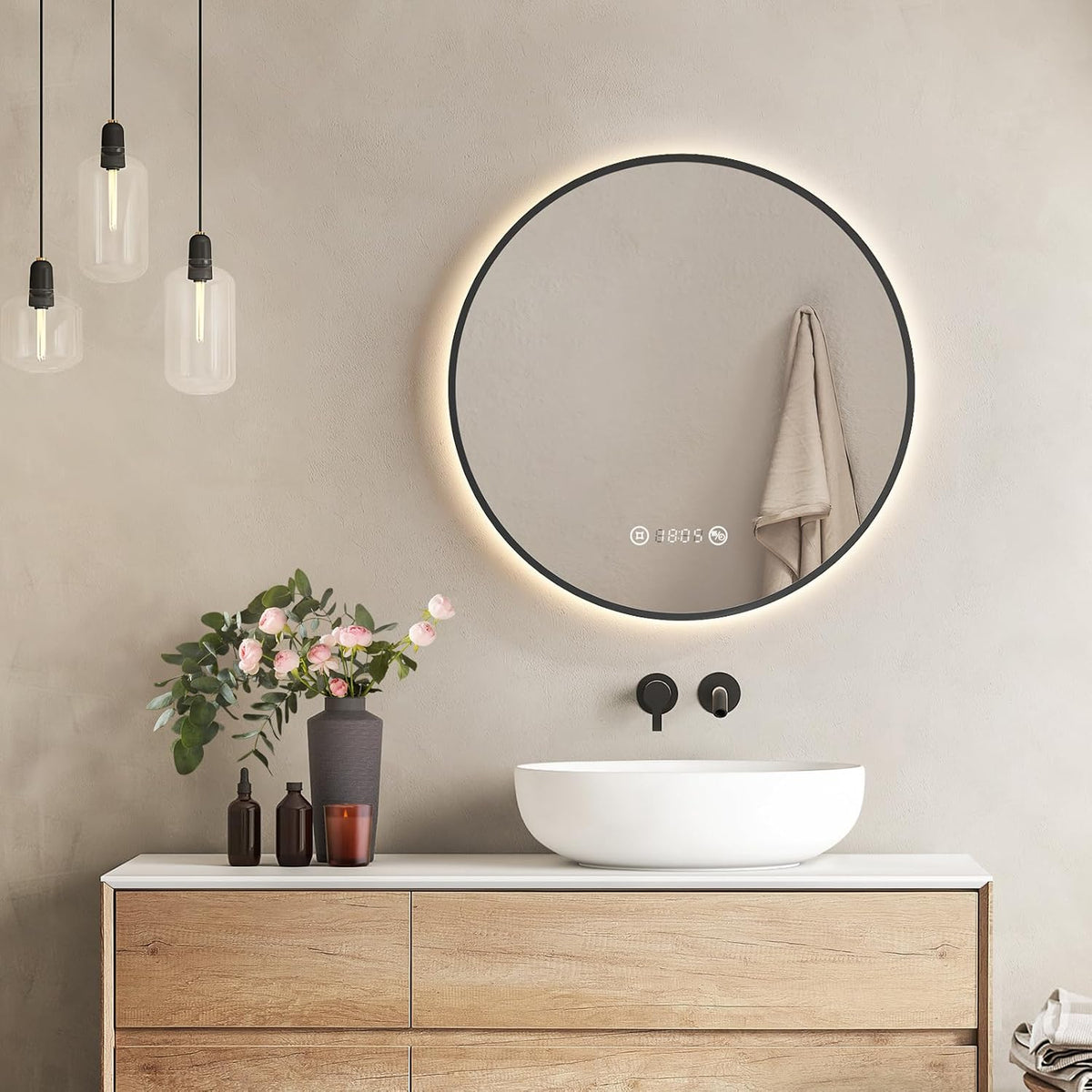 Espejos de aumento de pared, 60 cm, con iluminación LED, negro, EMKE