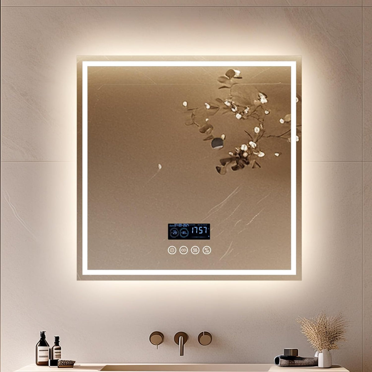 Espejos de pared, 80 × 80 cm, con iluminación LED, regulable, LUVODI