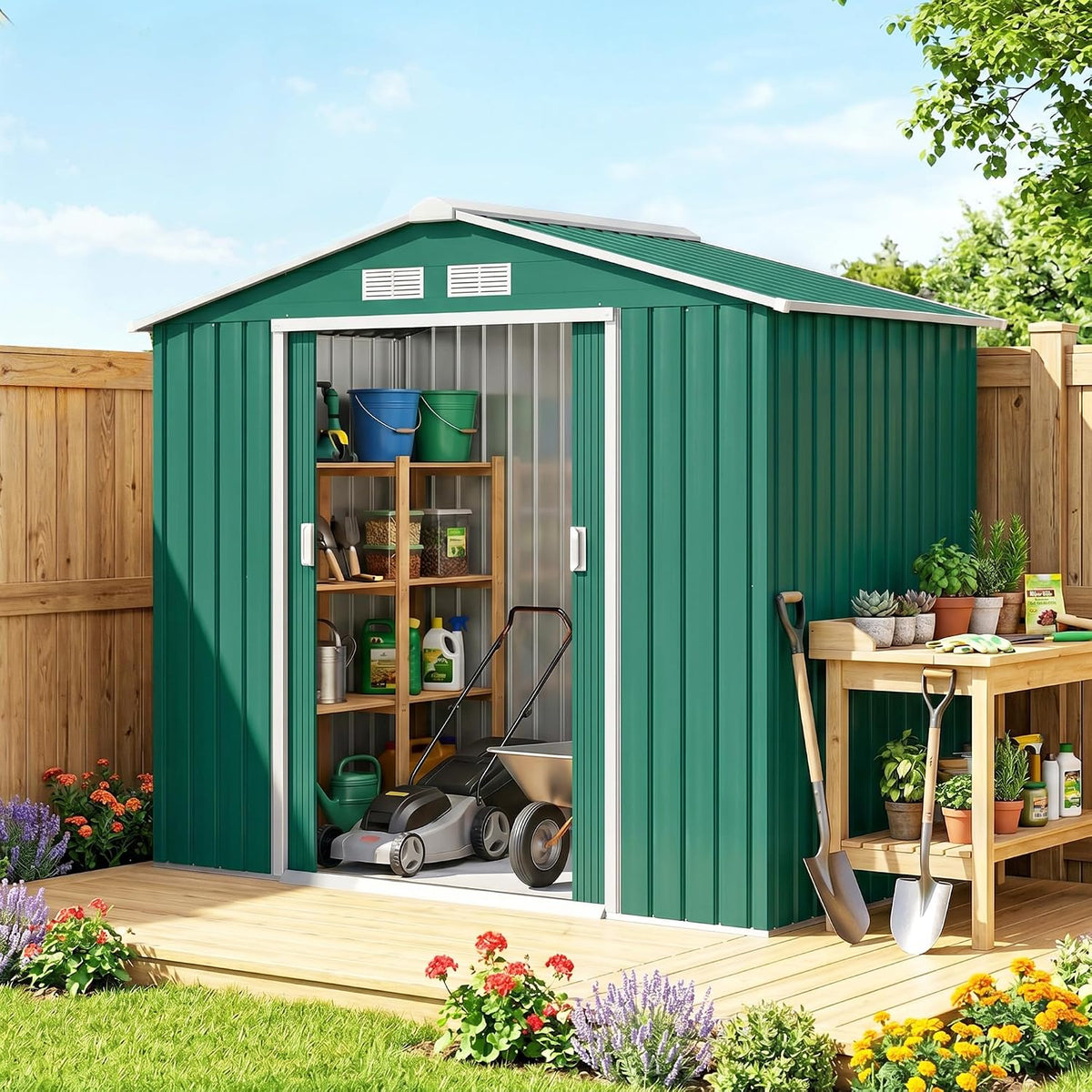 Outsunny cobertizo de jardín, 213 × 130 × 185 cm, verde, para el jardín