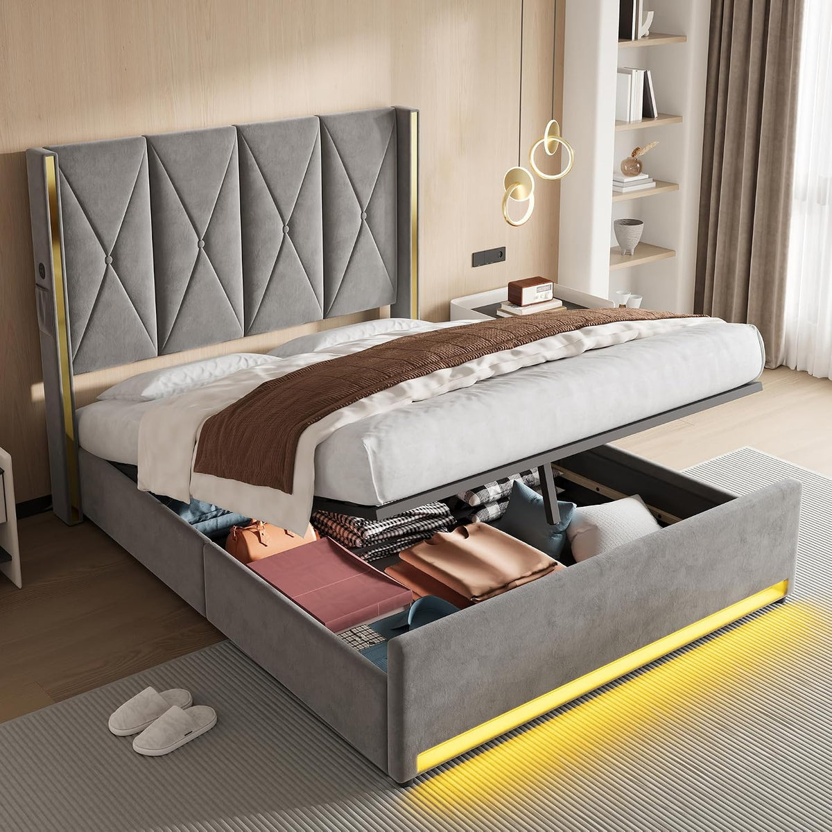 Cama, 160 × 200 cm, con iluminación LED, gris, Ktipm
