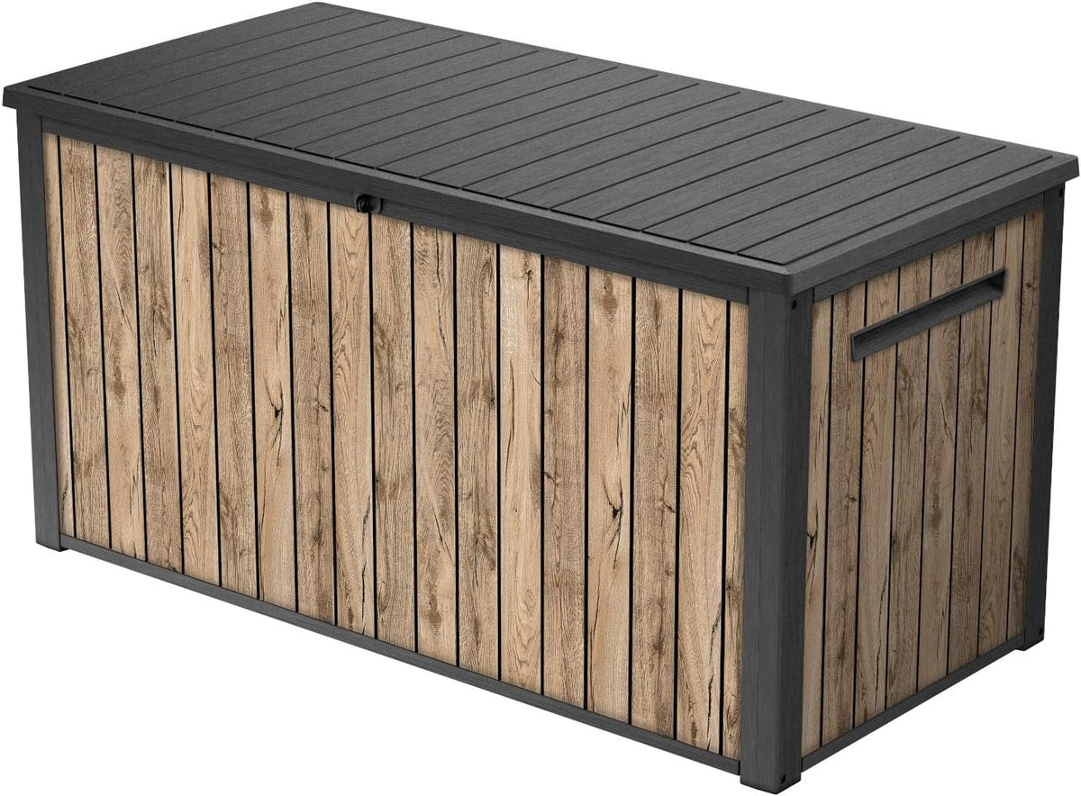 Arcón de exterior, 144 × 67 × 73 cm, 643 L, madera, plástico, para el jardín, Keter